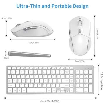 Wireless Keyboard Mouse Combo - Rechargeable, Quiet, Compact Design with Number Pad, 2.4 GHz USB Receiver, Slim Keyboard and Ergonomic Mouse Set for Windows Computer Desktop PC Laptop -Silver White