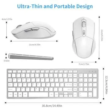 Wireless Keyboard Mouse Combo - Rechargeable, Quiet, Compact Design with Number Pad, 2.4 GHz USB Receiver, Slim Keyboard and Ergonomic Mouse Set for Windows Computer Desktop PC Laptop -Silver White