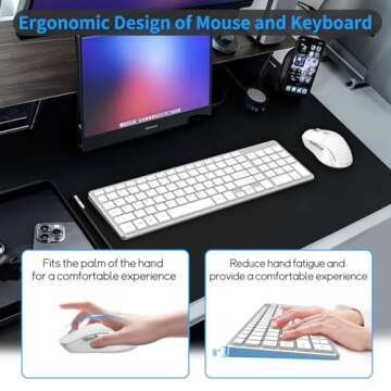 Wireless Keyboard Mouse Combo - Rechargeable, Quiet, Compact Design with Number Pad, 2.4 GHz USB Receiver, Slim Keyboard and Ergonomic Mouse Set for Windows Computer Desktop PC Laptop -Silver White