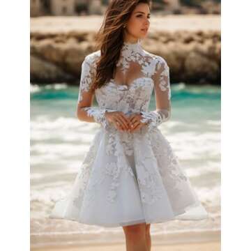 JKDRESS A-Line Sexy Little White Dress Illusion Neck Long Sleeves Plus Size Wedding Dresses Lace Wom...