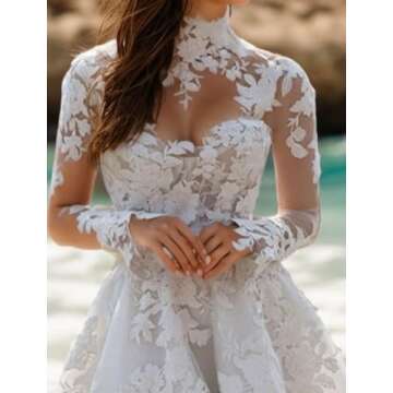 JKDRESS A-Line Sexy Little White Dress Illusion Neck Long Sleeves Plus Size Wedding Dresses Lace Women Party wear Bridal Gown Short/Mini Reception Dresses 2024