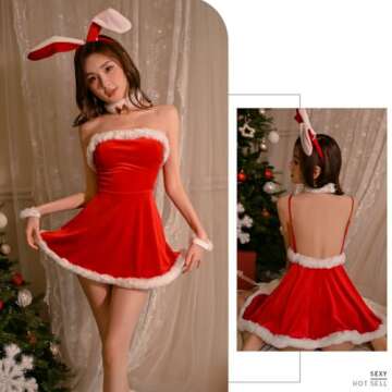 Oludkeph Mrs. Santa Claus Costume Velvet Santa Dress Santa Outfits Chemise Holiday Christmas Dress With Bunny Hat (Red, One Size)