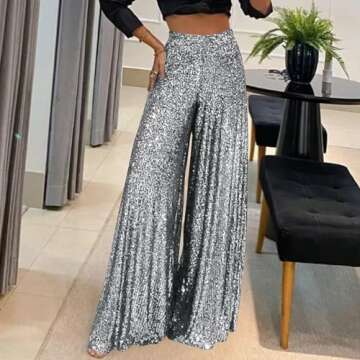 Sequin Pants for Women High Waisted Wide Leg Sparkle Sequin Bling Bell Bottom Trousers Baggy Pants Night Out Clubwear Silver