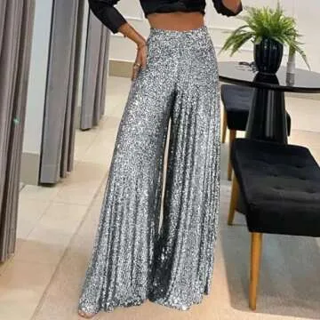 Sequin Pants for Women High Waisted Wide Leg Sparkle Sequin Bling Bell Bottom Trousers Baggy Pants Night Out Clubwear Silver