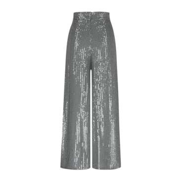 Sequin Pants for Women High Waisted Wide Leg Sparkle Sequin Bling Bell Bottom Trousers Baggy Pants Night Out Clubwear Silver