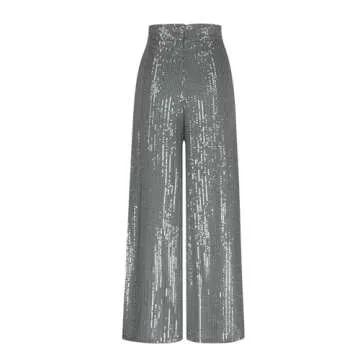 Sequin Pants for Women High Waisted Wide Leg Sparkle Sequin Bling Bell Bottom Trousers Baggy Pants Night Out Clubwear Silver