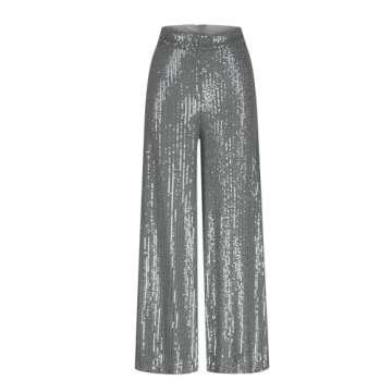 Sequin Pants for Women High Waisted Wide Leg Sparkle Sequin Bling Bell Bottom Trousers Baggy Pants Night Out Clubwear Silver