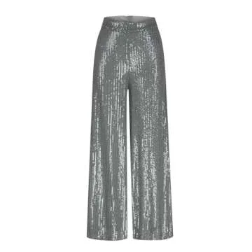 Sequin Pants for Women High Waisted Wide Leg Sparkle Sequin Bling Bell Bottom Trousers Baggy Pants Night Out Clubwear Silver