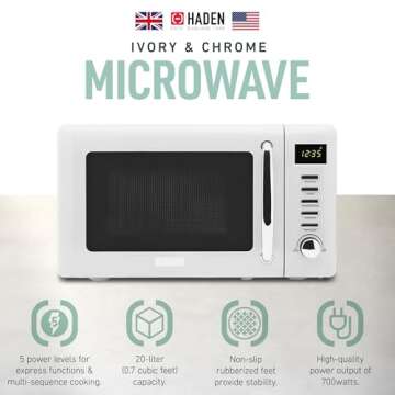 Haden 0.7 Cubic Foot Compact Countertop Microwave Oven, 700 Watt Small Microwave with 5 Power Levels & Express Functions, Ivory & Chrome