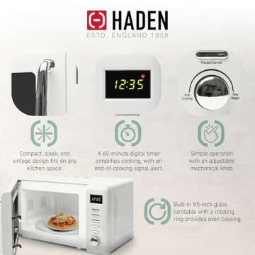 Haden 0.7 Cubic Foot Compact Countertop Microwave Oven, 700 Watt Small Microwave with 5 Power Levels & Express Functions, Ivory & Chrome
