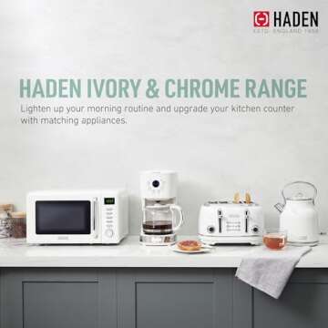 Haden 0.7 Cubic Foot Compact Countertop Microwave Oven, 700 Watt Small Microwave with 5 Power Levels & Express Functions, Ivory & Chrome