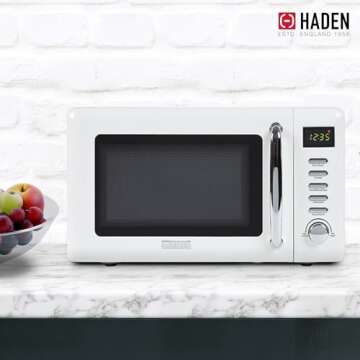 Haden 0.7 Cubic Foot Compact Countertop Microwave Oven, 700 Watt Small Microwave with 5 Power Levels & Express Functions, Ivory & Chrome