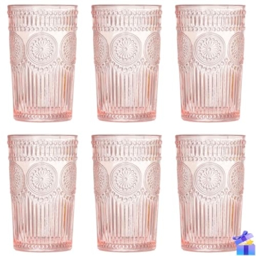Megarate Vintage Glassware Romantic Drinking Glasses - 12 OZ Pink Glassware Embossed Glasses Drinkin...
