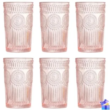 Megarate Vintage Glassware Romantic Drinking Glasses - 12 OZ Pink Glassware Embossed Glasses Drinkin...
