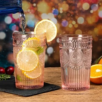 Megarate Vintage Glassware - 12 OZ Pink Embossed Set