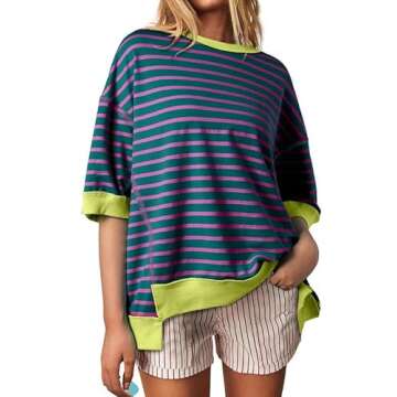 SHEWIN Womens T Shirts Crewneck Short Sleeve Sweatshirt Knitted Top Loose Color Block Summer Shirt Blouses Dressy Casual Spring Tops for Women Trendy Purple Stripe S