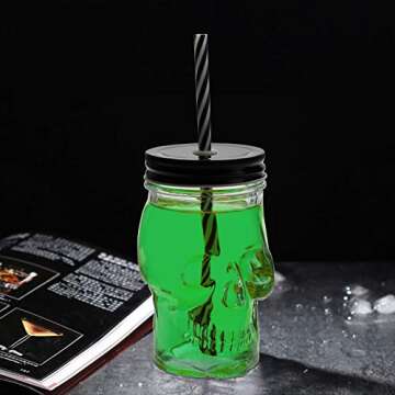 TOPZEA 6 Pack Mason Jars Mugs, 16 oz Glass Skull Mason Drinking Mugs Tumbler Cup with Straws Old Fashioned Jar Drinking Glasses Heavy Base for Beverage, Brandy, Liquor, Jello