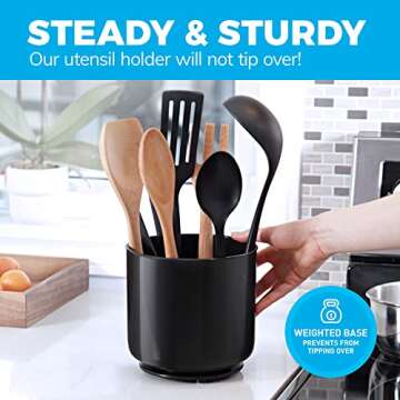Extra Large and Sturdy Rotating Black Utensil Holder Caddy with No-Tip Weighted Base, and Gripped Insert | Rust Proof and Dishwasher Safe Kitchen Utensils Holder and Cutlery Holder