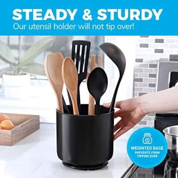 Extra Large and Sturdy Rotating Black Utensil Holder Caddy with No-Tip Weighted Base, and Gripped Insert | Rust Proof and Dishwasher Safe Kitchen Utensils Holder and Cutlery Holder