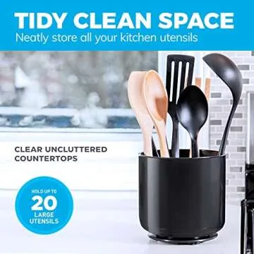 Extra Large and Sturdy Rotating Black Utensil Holder Caddy with No-Tip Weighted Base, and Gripped Insert | Rust Proof and Dishwasher Safe Kitchen Utensils Holder and Cutlery Holder