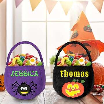 Personalized Halloween Basket with Name Custom Halloween Trick or Treat Bucket Bag Customized Candy Baskets Gift for Kids Boys Girls Purple