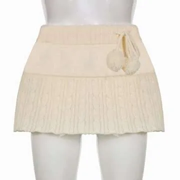 YONGHS Womens Y2K Vintage Knitted Low Waist Skirt Lace-Up A-line Ruffles Micro Skirt Kawaii Bottoms Ivory Small
