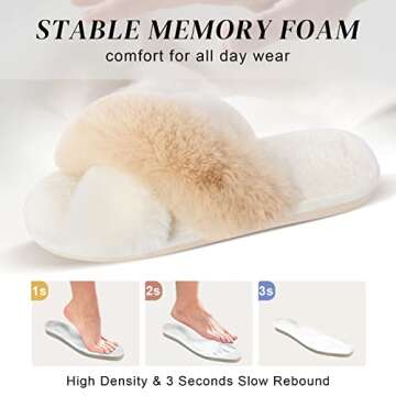 Parlovable Women's Fuzzy Slippers Comfy Cross Band House Shoes Memory Foam Open Toe Indoor Gifts for Ladies White/Camel 9-10