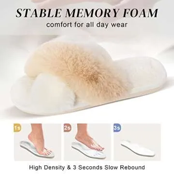 Parlovable Women's Fuzzy Slippers Comfy Cross Band House Shoes Memory Foam Open Toe Indoor Gifts for Ladies White/Camel 9-10