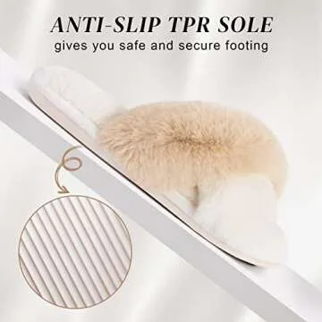 Parlovable Women's Fuzzy Slippers Comfy Cross Band House Shoes Memory Foam Open Toe Indoor Gifts for Ladies White/Camel 9-10