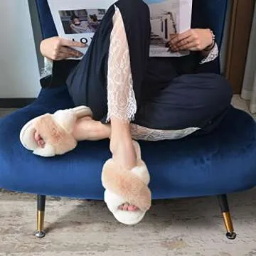 Parlovable Women's Fuzzy Slippers Comfy Cross Band House Shoes Memory Foam Open Toe Indoor Gifts for Ladies White/Camel 9-10
