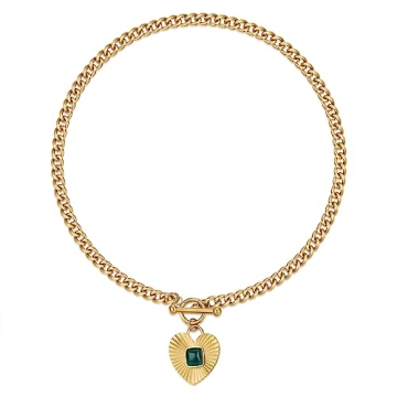 NUZON Sunburst Heart Pendant Necklace with Green Agate Solitaire Stainless Steel 18K Gold Curb Cuban Thick Chain Toggle Bar Clasp Statement Jewelry for Women 18’’