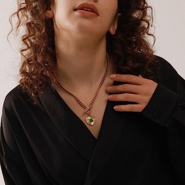 NUZON Sunburst Heart Pendant Necklace with Green Agate Solitaire Stainless Steel 18K Gold Curb Cuban Thick Chain Toggle Bar Clasp Statement Jewelry for Women 18’’