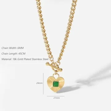 NUZON Sunburst Heart Pendant Necklace with Green Agate Solitaire Stainless Steel 18K Gold Curb Cuban Thick Chain Toggle Bar Clasp Statement Jewelry for Women 18’’