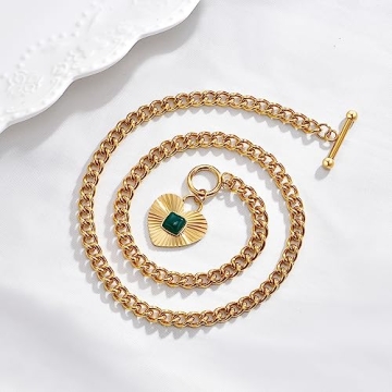 NUZON Sunburst Heart Pendant Necklace with Green Agate Solitaire Stainless Steel 18K Gold Curb Cuban Thick Chain Toggle Bar Clasp Statement Jewelry for Women 18’’