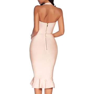 houstil Women's V Neck Halter Fishtail Bandage Bodycon Dress Party Holiday Wedding Guest Dresses (L, Beige)