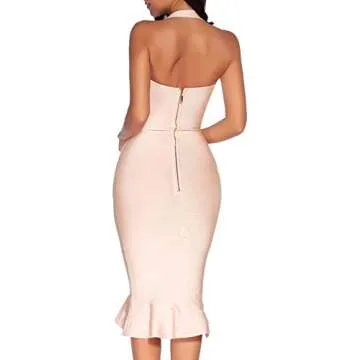 houstil Women's V Neck Halter Fishtail Bandage Bodycon Dress Party Holiday Wedding Guest Dresses (L, Beige)