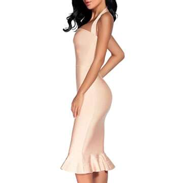 houstil Women's V Neck Halter Fishtail Bandage Bodycon Dress Party Holiday Wedding Guest Dresses (L, Beige)