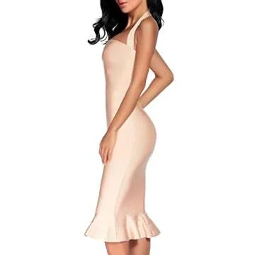 houstil Women's V Neck Halter Fishtail Bandage Bodycon Dress Party Holiday Wedding Guest Dresses (L, Beige)