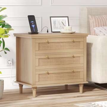 Irontar Rattan Nightstand with Charging Station, Night Stand with 3 Large Drawers, Boho End Table, Bedside Table with Metal Handles, Accent Table for Bedroom, Natural BZZ011ME