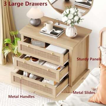 Irontar Rattan Nightstand with Charging Station, Night Stand with 3 Large Drawers, Boho End Table, Bedside Table with Metal Handles, Accent Table for Bedroom, Natural BZZ011ME