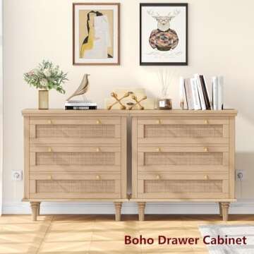 Irontar Rattan Nightstand with Charging Station, Night Stand with 3 Large Drawers, Boho End Table, Bedside Table with Metal Handles, Accent Table for Bedroom, Natural BZZ011ME