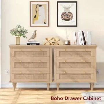 Irontar Rattan Nightstand with Charging Station, Night Stand with 3 Large Drawers, Boho End Table, Bedside Table with Metal Handles, Accent Table for Bedroom, Natural BZZ011ME