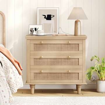 Irontar Rattan Nightstand with Charging Station, Night Stand with 3 Large Drawers, Boho End Table, Bedside Table with Metal Handles, Accent Table for Bedroom, Natural BZZ011ME