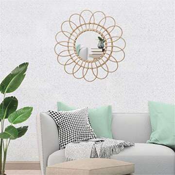 chillyday Wall Mirror Hanging Mirror Rattan Sunflower Circular Wall Mirror Decor Bathroom Nordic Wicker Dressing Makeup Mirrors Glass for Home Office Living Room Hallway