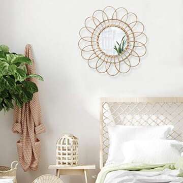 chillyday Wall Mirror Hanging Mirror Rattan Sunflower Circular Wall Mirror Decor Bathroom Nordic Wicker Dressing Makeup Mirrors Glass for Home Office Living Room Hallway