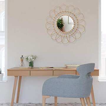 chillyday Wall Mirror Hanging Mirror Rattan Sunflower Circular Wall Mirror Decor Bathroom Nordic Wicker Dressing Makeup Mirrors Glass for Home Office Living Room Hallway