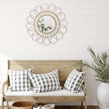 chillyday Wall Mirror Hanging Mirror Rattan Sunflower Circular Wall Mirror Decor Bathroom Nordic Wicker Dressing Makeup Mirrors Glass for Home Office Living Room Hallway