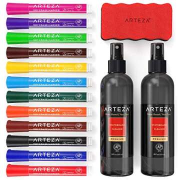 ARTEZA Whiteboard Cleaner Set, 12 Assorted Colors Chisel Tip Dry Erase Markers, Magnetic Eraser & 2 ...