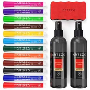 ARTEZA Whiteboard Cleaner Set, 12 Assorted Colors Chisel Tip Dry Erase Markers, Magnetic Eraser & 2 ...