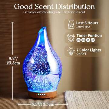Porseme Oil Diffuser 3D Glass Aromatherapy Ultrasonic Humidifier, Air Refresh Auto Shut-Off, Timer Setting, BPA Free for Home Hotel Yoga Leisure SPA Gift 150ml Last 6H